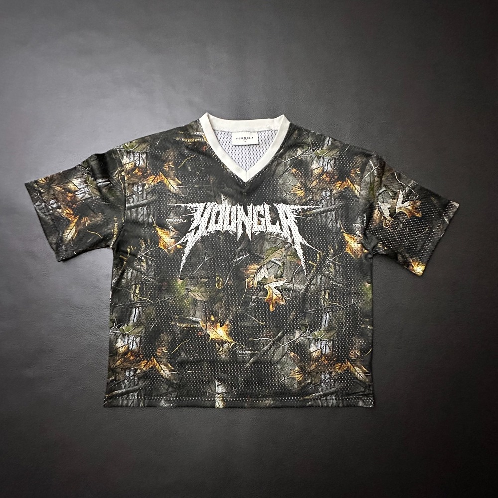 Young LA Jersey Mens Small Camo Mesh Boxy Crop Gym Fit Oversized Double Sided